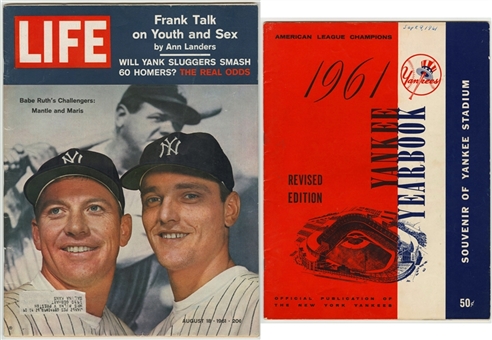 Lot of (2) 1961 New York Yankees (Revised Edition) Yearbook and 1961 Life Magazine With Mantle and Maris on Cover 